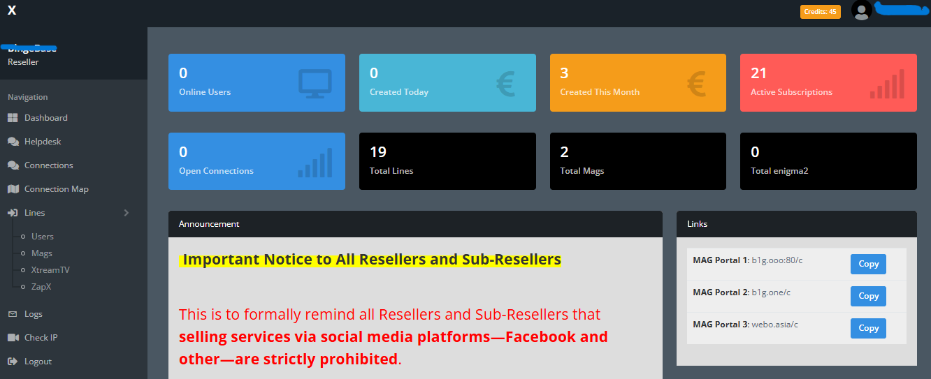 Dashboard of IPTV Reseller Panel