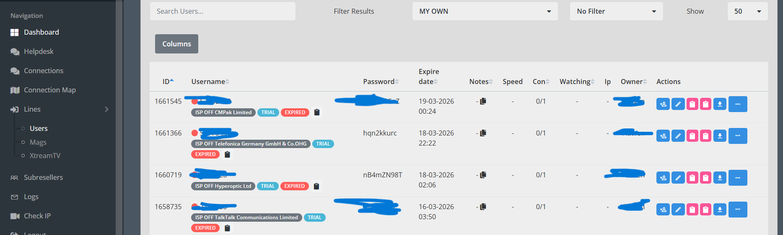 Dashboard of IPTV Panel where clipboards are present to copy usernames and passwords as well m3u