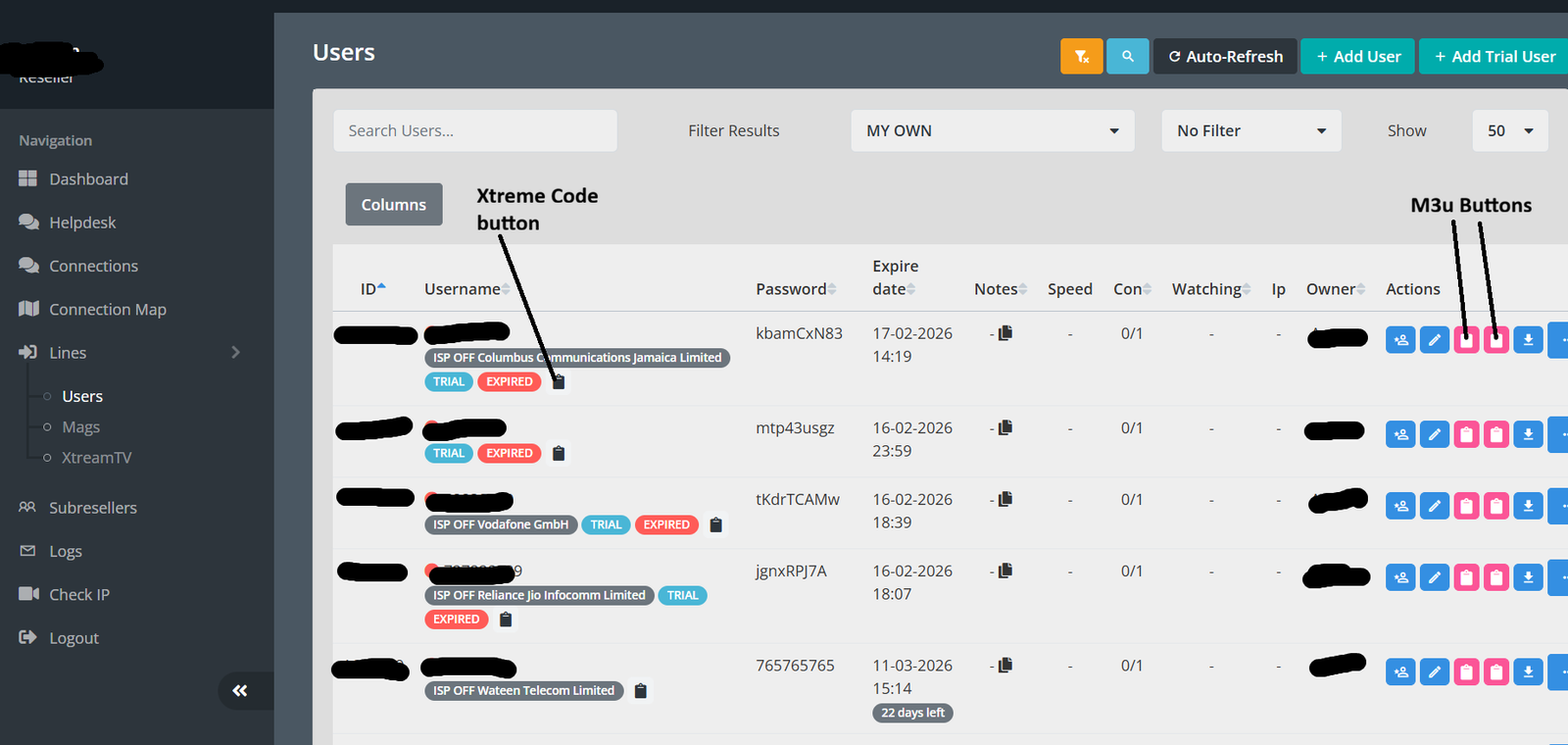 screenshot of IPTV Reseller panel presenting where M3u and Xtreme codes really exists in Reseller Panel