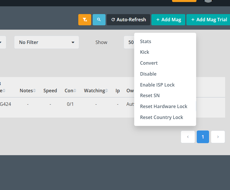 Connection logs screen showing device type, IP address, and bitrate columns