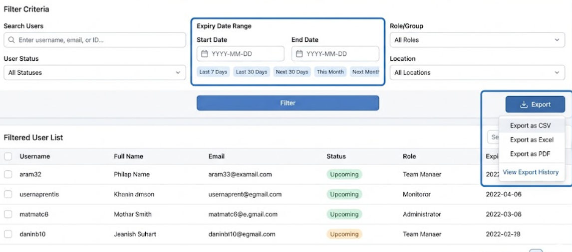 Bulk user filter screen showing expiry date range selector and export option