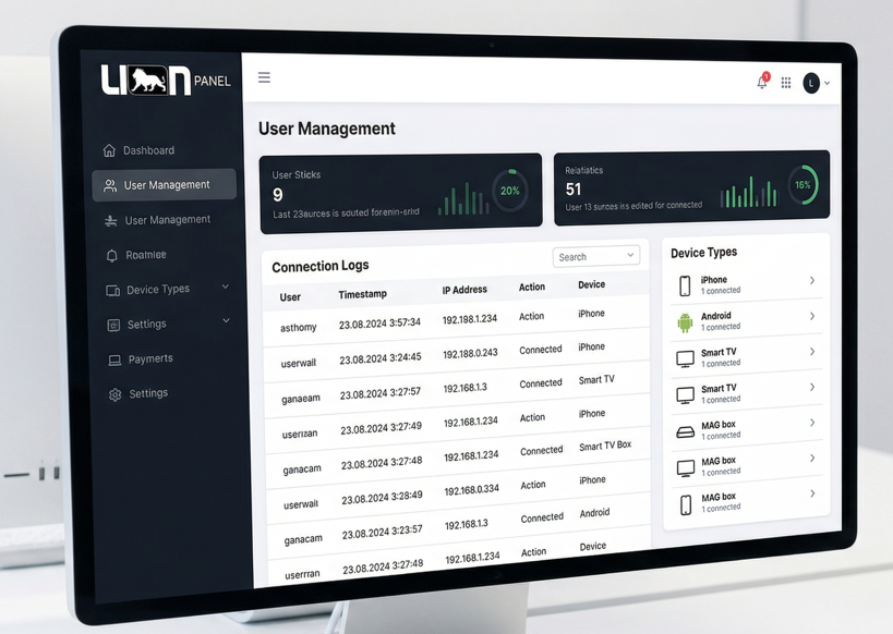  Lion panel user management tab showing connection logs and device types