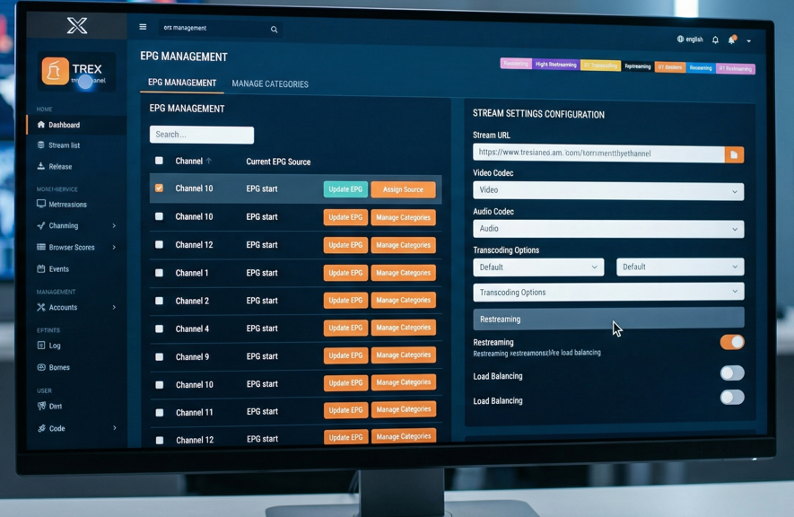  Trex panel EPG management screen and stream settings configuration