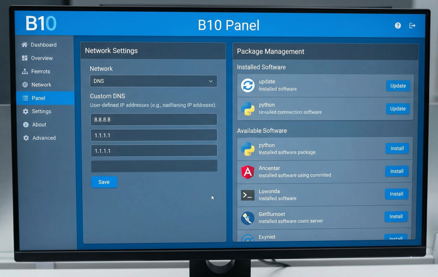  B10 panel showing custom DNS settings and package management screen