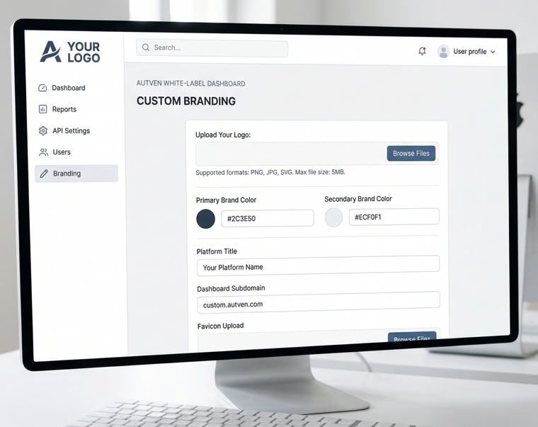Autven white label dashboard showing custom branding configuration panel
