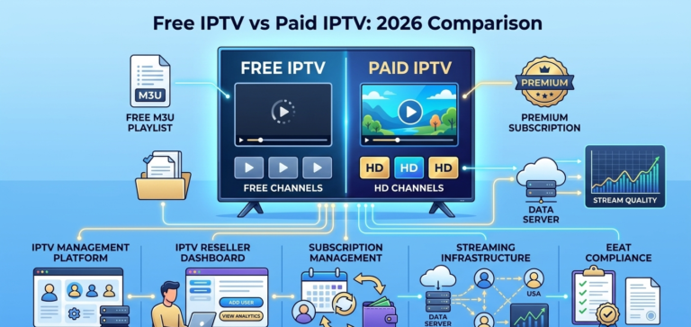 Comparison showing a free M3U playlist file with multiple dead stream URLs vs active paid subscription connection status
