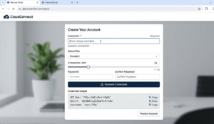 Account creation form showing username field, plan dropdown, connection limit selector, and credential output