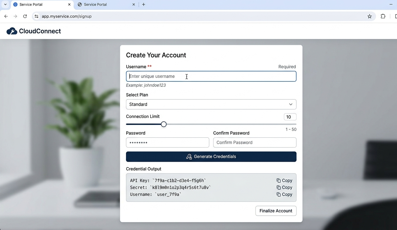 Account creation form showing username field, plan dropdown, connection limit selector, and credential output