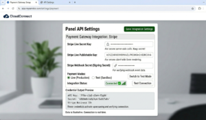 Panel API settings showing payment gateway integration connection fields