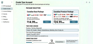 Account creation form showing Canadian package selection with province-based time zone dropdown and connection limit settings]