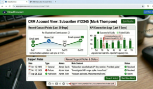CRM account view showing subscriber contact history, connection logs, and support notes panel