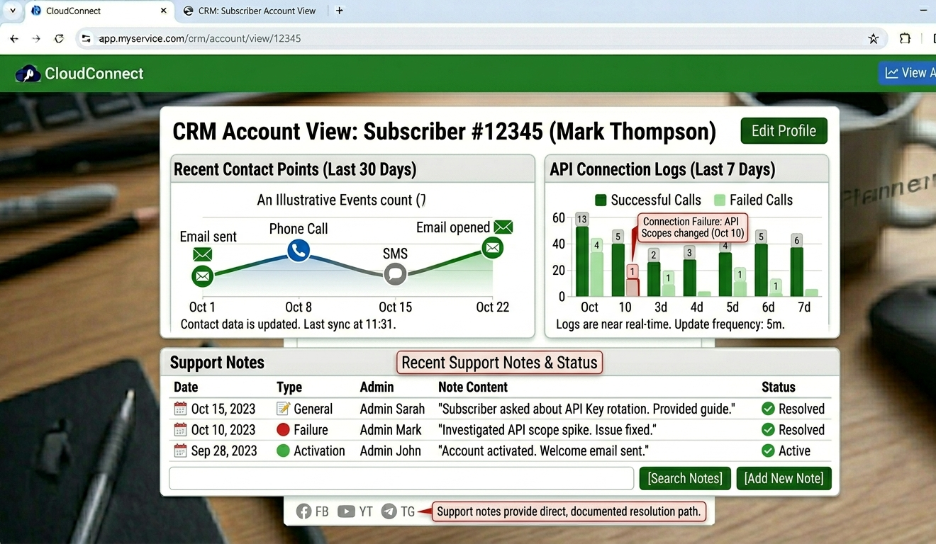 CRM account view showing subscriber contact history, connection logs, and support notes panel