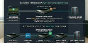 Diagram showing traffic flow between user device, ISP monitoring point, and streaming server with and without VPN encryption