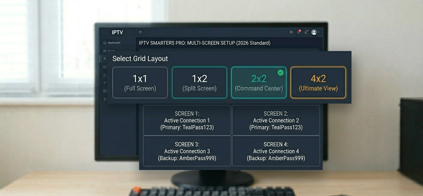 IPTV Smarters Pro multi-screen settings showing grid layout options and connection assignments