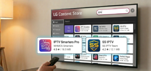 LG Smart TV Content Store showing IPTV Smarters Pro in search results alongside SS IPTV
