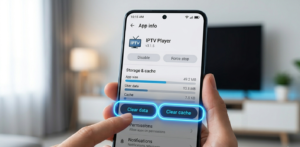 Android settings showing IPTV app with Clear Cache and Clear Data buttons highlighted