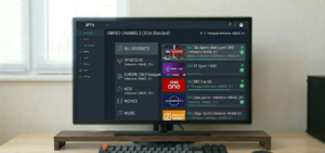 Enigma2 channel list interface showing mixed satellite and IPTV channels in unified bouquet view]