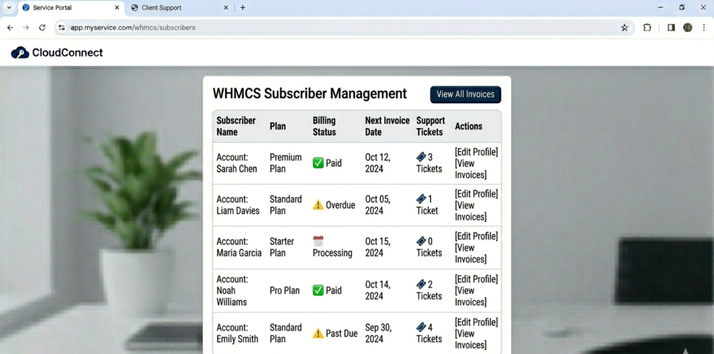 WHMCS admin panel showing subscriber list with billing status, next invoice dates, and support ticket count per account