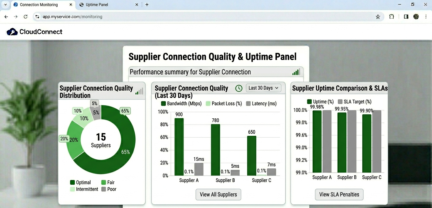 Dashboard showing supplier connection quality metrics and uptime monitoring panel