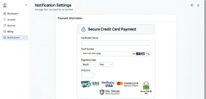 Secure payment form showing HTTPS lock icon, card input fields, and security badge indicators]