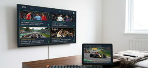 Example multi-screen viewing setup showing TV with split view and tablet running secondary stream