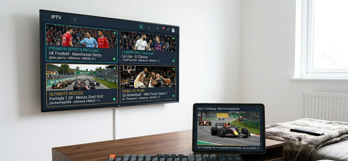 Example multi-screen viewing setup showing TV with split view and tablet running secondary stream