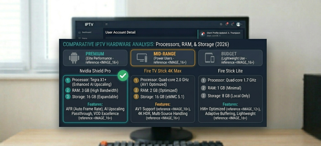Comparison of IPTV boxes showing processor, RAM, and storage specs side by side]