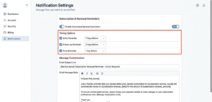 Notification Settings panel showing automated renewal reminder configuration with timing and message options