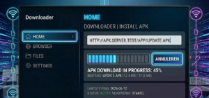 Downloader app interface showing URL entry field with APK download in progress]