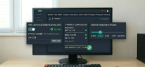 Dashboard Security Settings panel showing 2FA toggle, IP whitelist configuration, and session timeout settings]