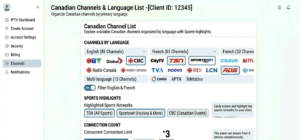 IPTV channel list showing Canadian channels organised by language with TSN, Sportsnet, and CBC highlighted