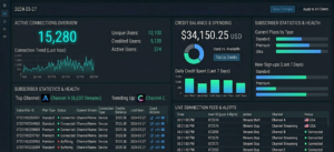 Main dashboard overview showing active connections counter, credit balance widget, and subscriber statistics
