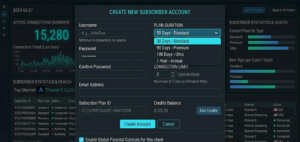 Account creation form showing username field, plan duration dropdown, and connection limit selector