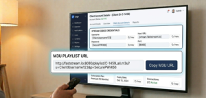 Reseller dashboard showing generated Xtream codes credentials and M3U URL for a client account