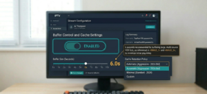Stream Configuration panel showing Buffer Control toggle and cache settings]