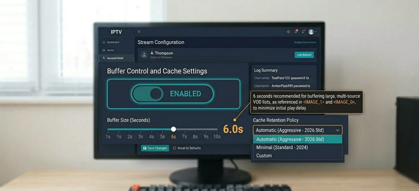 Stream Configuration panel showing Buffer Control toggle and cache settings]