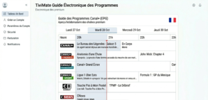 TiviMate interface showing French language EPG data with Canal+ programme guide displayed correctly