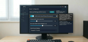 Stream Configuration panel showing Buffer Control toggle and cache settings]