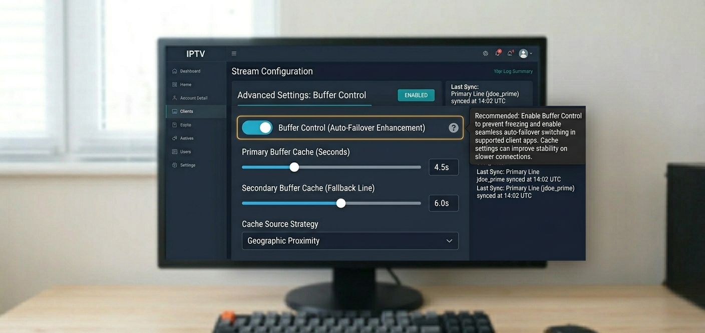 Stream Configuration panel showing Buffer Control toggle and cache settings]