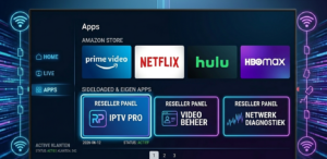 Firestick home screen showing Apps section with sideloaded IPTV app visible alongside Amazon store apps]