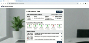 CRM account view showing subscriber contact details, subscription history timeline, and support notes