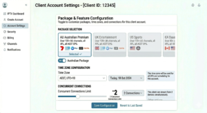 Account settings showing Australian package selected with time zone configuration and 2 concurrent connection limit
