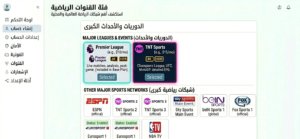 Sports channel category in IPTV app showing Premier League, TNT Sports, ESPN and other major sports networks