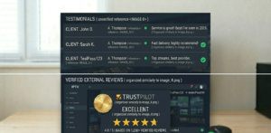 Website review section showing unverified testimonials versus verified external review platform badge]