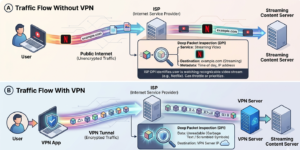 Diagram showing traffic flow with and without VPN, illustrating how ISP DPI sees encrypted traffic differently from identifiable streaming traffic