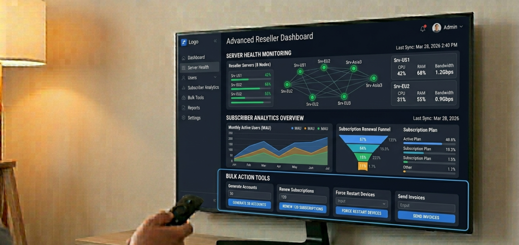  Advanced dashboard showing server health monitoring, bulk action tools, and subscriber analytics overview