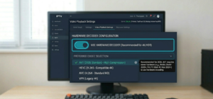 Video playback settings screen showing hardware decoder toggle and codec selection options