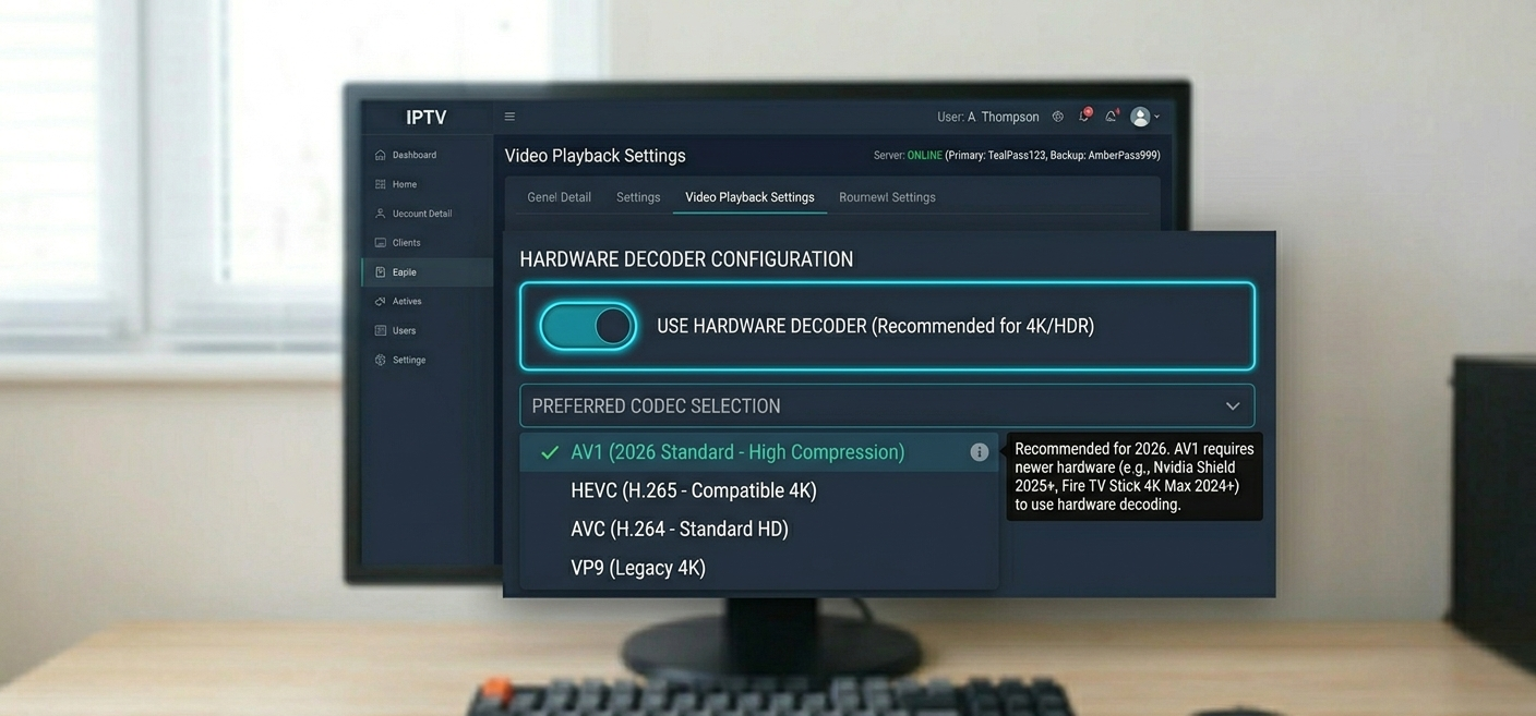 Video playback settings screen showing hardware decoder toggle and codec selection options