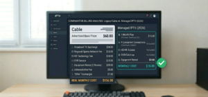 Sample cable bill breakdown showing line-item fees versus advertised base price]
