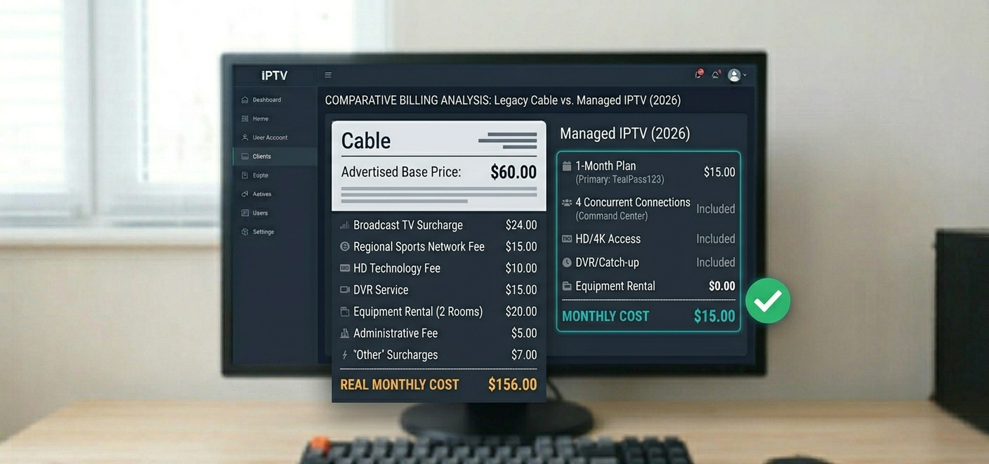Sample cable bill breakdown showing line-item fees versus advertised base price]